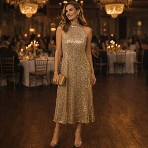 Ann Taylor SZ 6 Sequin Mock Neck Midi Dress Gold